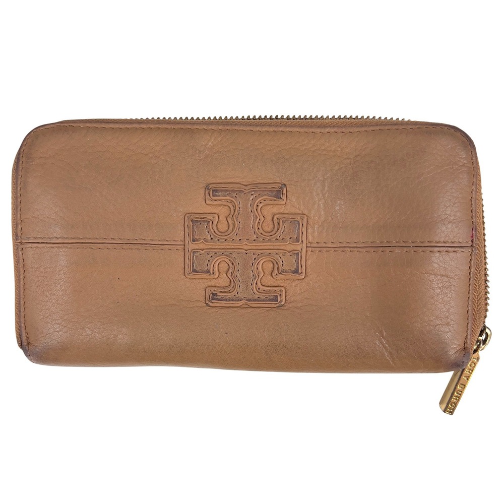 Tory Burch Amanda Zip Around‎ Continental Wallet Royal Tan Leather Stacked T